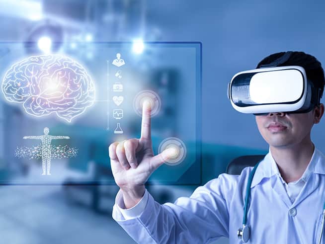 Healthcare professional using a virtual reality headset to interact with a digital medical interface