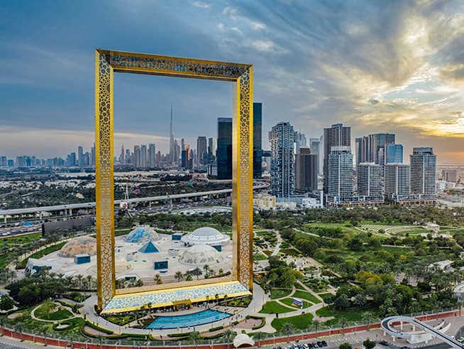Dubai Frame overlooking Zabeel Park with the city skyline in the distance